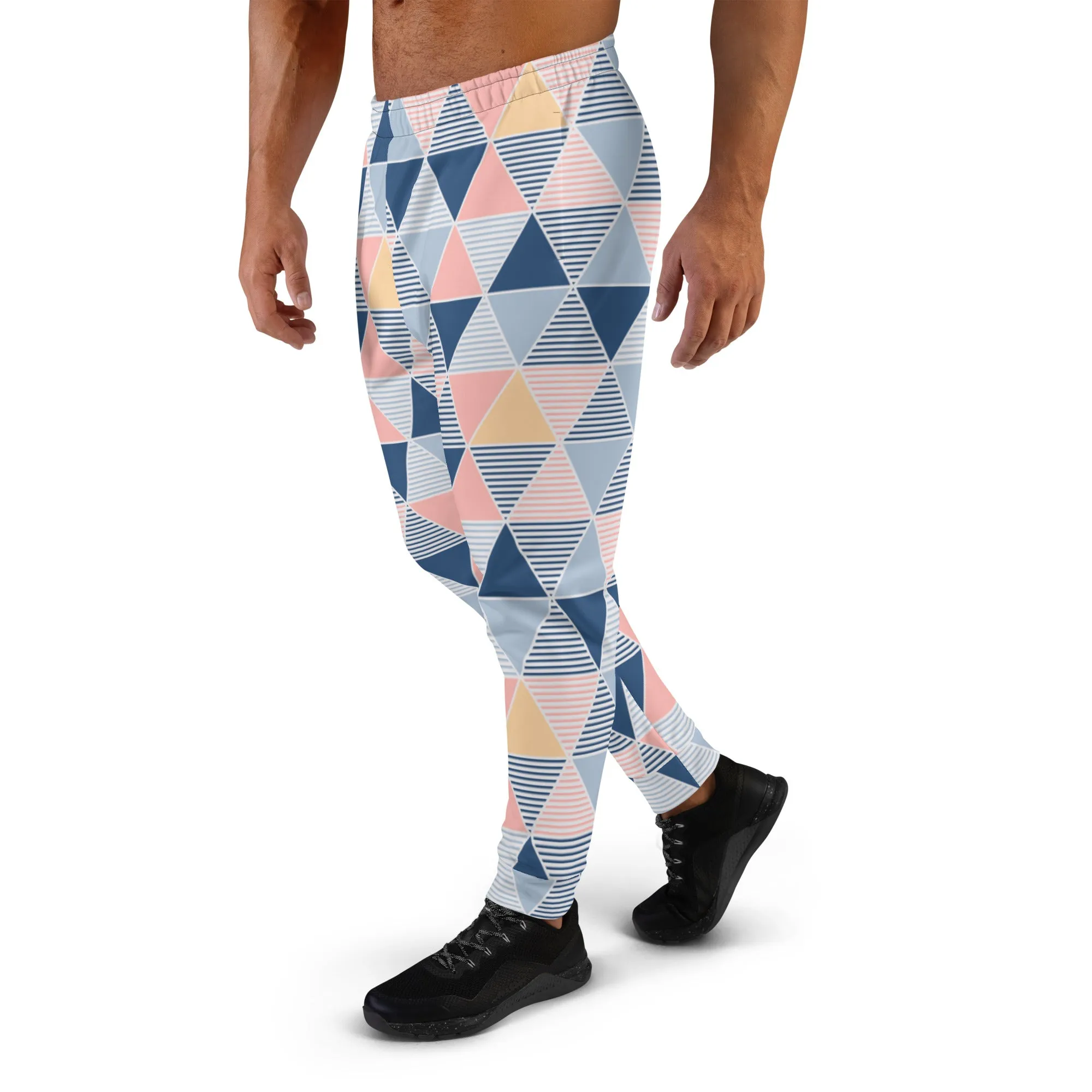 Pink Blue Triangular Men's Joggers, Abstract Print Designer Slim-Fit Ultra Soft Comfy Men's Pants - Made in USA/EU/MX