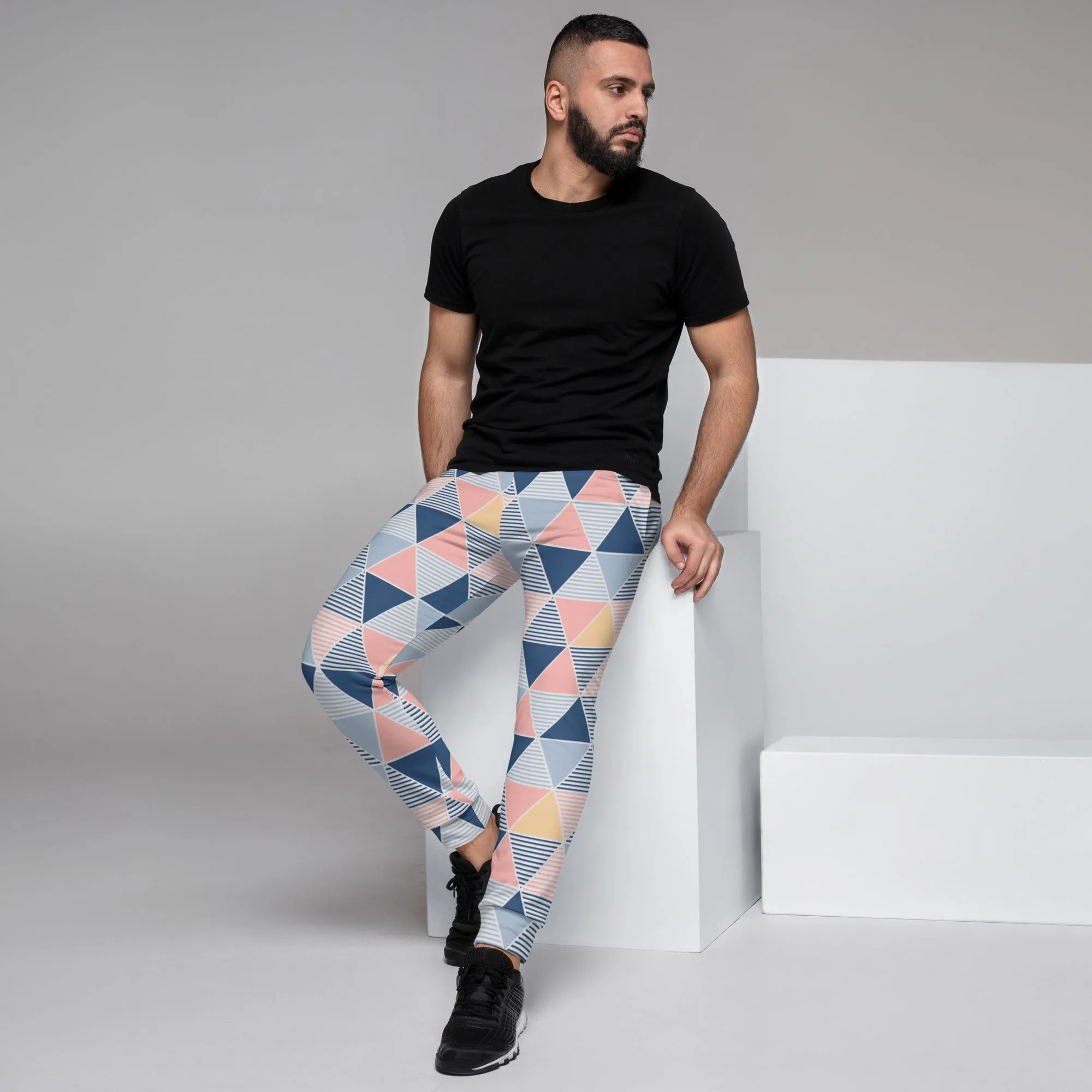 Pink Blue Triangular Men's Joggers, Abstract Print Designer Slim-Fit Ultra Soft Comfy Men's Pants - Made in USA/EU/MX