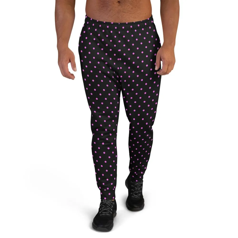 Pink Polka Dots Men's Joggers, Dots Print Men's Luxury Premium Sweatpants- Made in EU