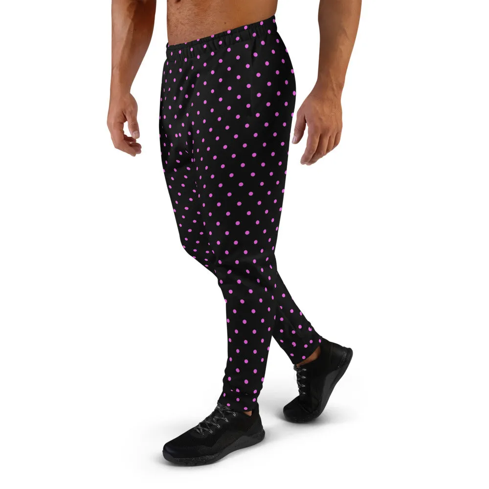 Pink Polka Dots Men's Joggers, Dots Print Men's Luxury Premium Sweatpants- Made in EU