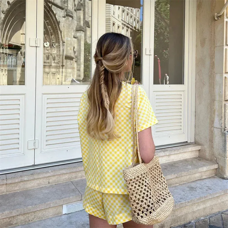 Plaid Tie-Up Blouse and Shorts in Yellow Gingham Two-Piece Set