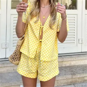 Plaid Tie-Up Blouse and Shorts in Yellow Gingham Two-Piece Set