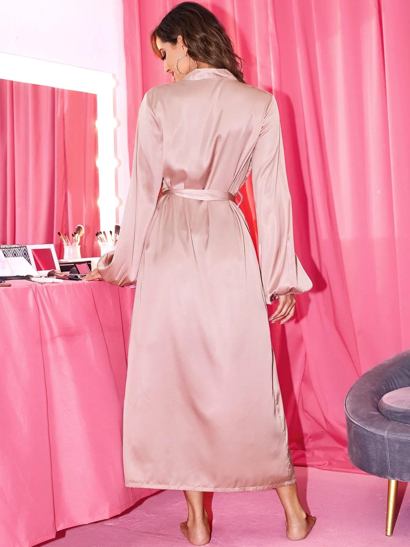 Plain Belted Long Sleeve Women Robes