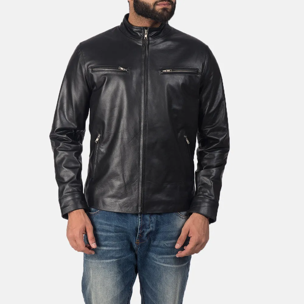 Plain Black Leather Biker Jacket