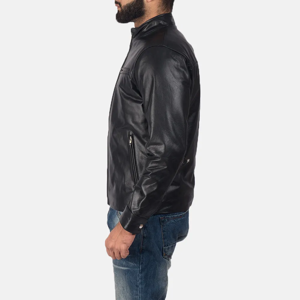 Plain Black Leather Biker Jacket