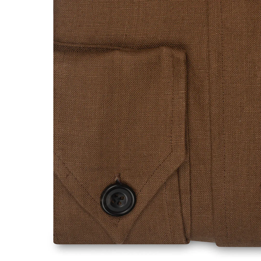 Plain Linen Button Cuff Safari Shirt in Tobacco Brown