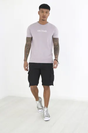 PLAIN WASHED BLACK BUTTONED TWILL CARGO SHORTS