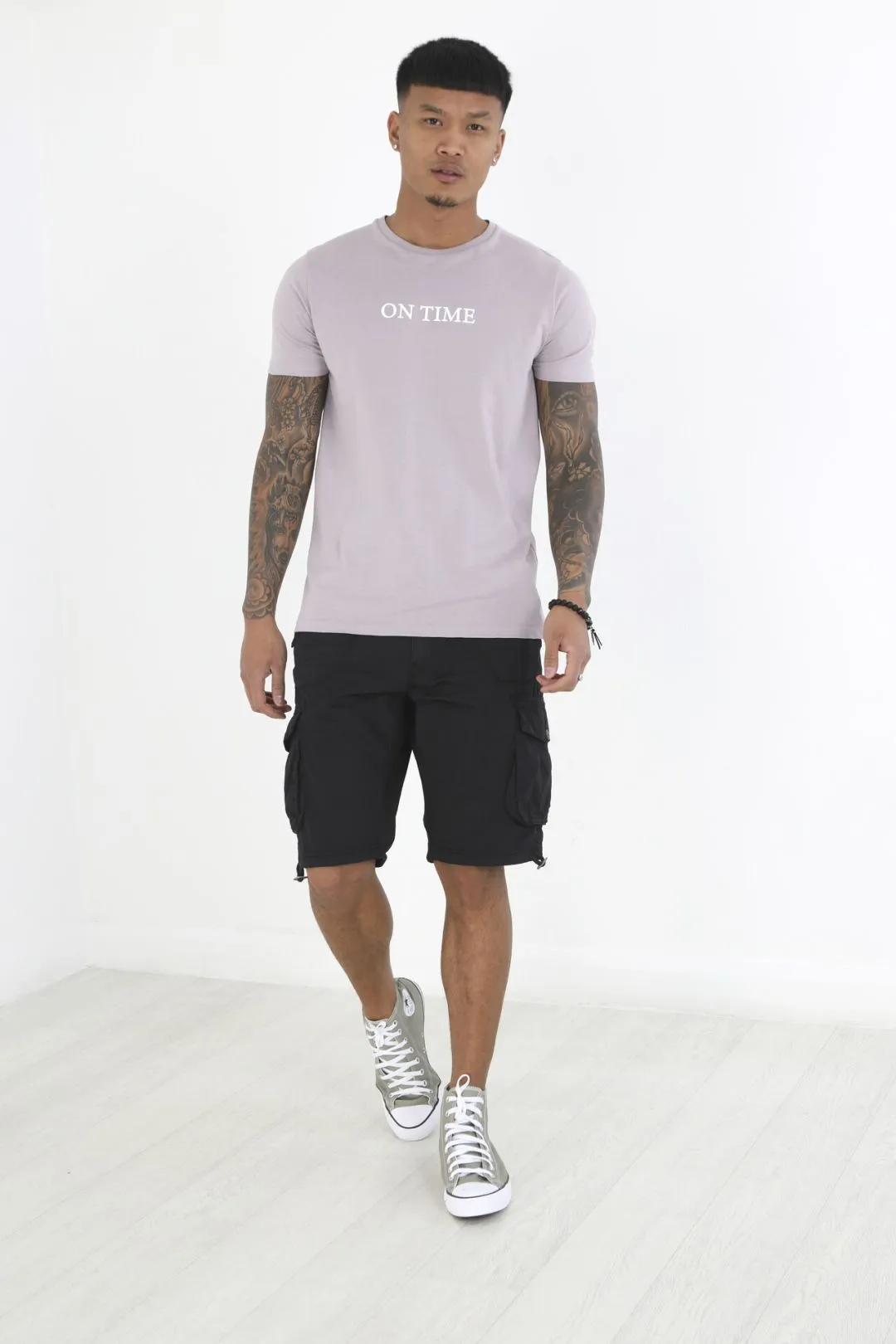 PLAIN WASHED BLACK BUTTONED TWILL CARGO SHORTS