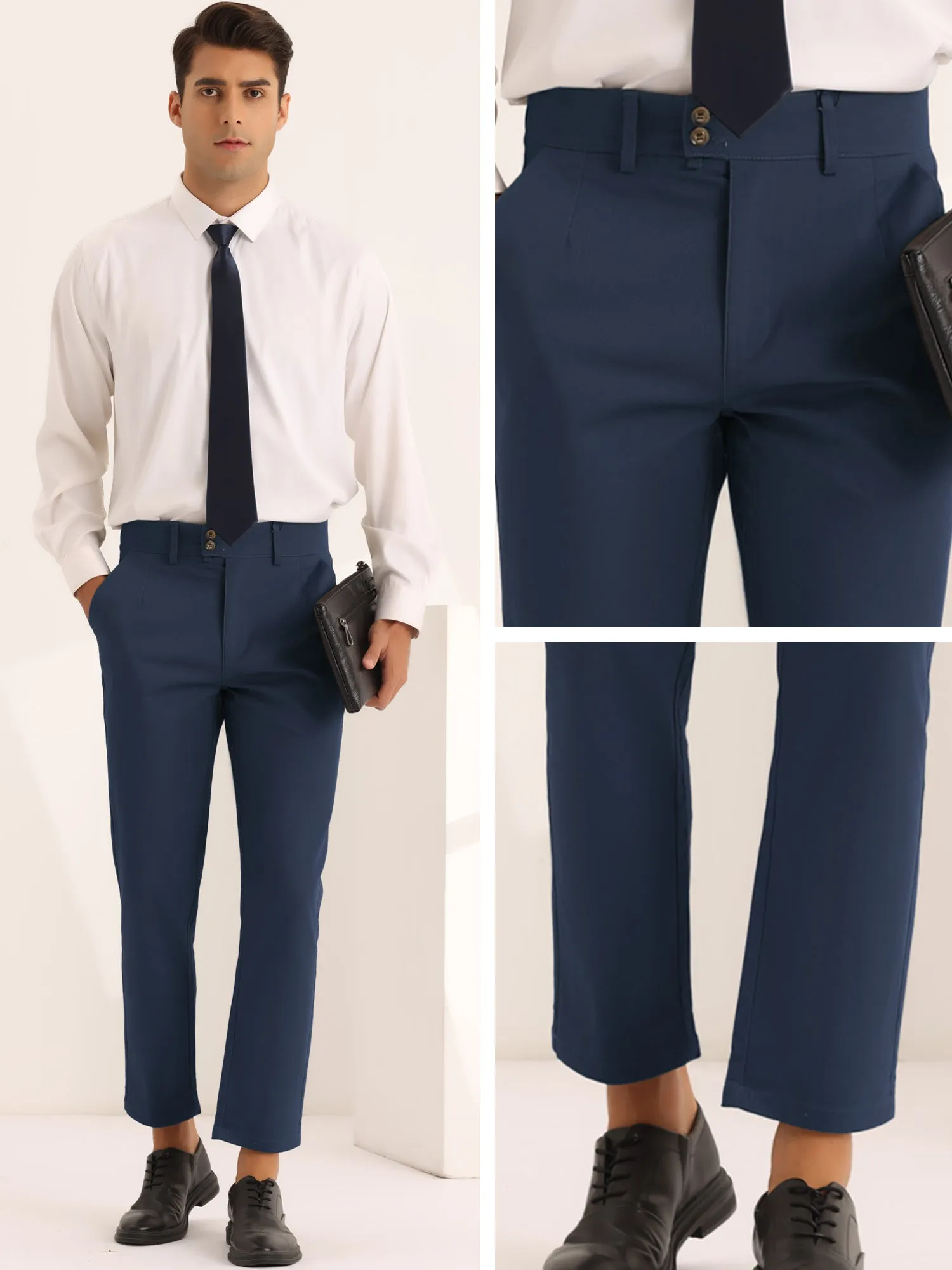 Pleated Front Dress Pants for Men's Solid Color High Waist Business Trousers