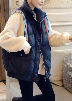 Plus Size Black Stand Collar Zippered Faux Fur Patchwork Fake Two Pieces Down Coat Winter
