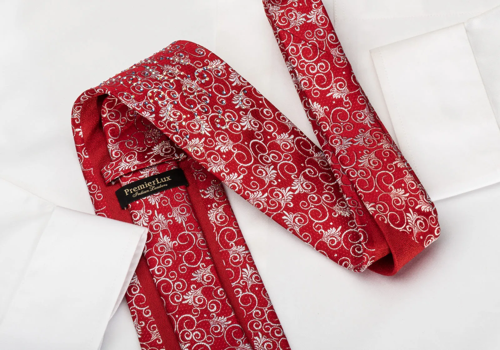 Premierlux Rhinestone Silk Necktie Silver Filigree On Red With Red Sparkles