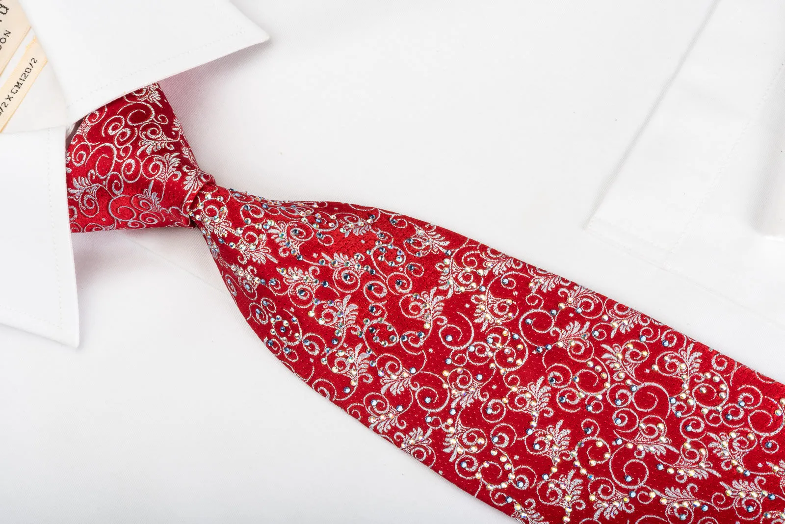 Premierlux Rhinestone Silk Necktie Silver Filigree On Red With Red Sparkles
