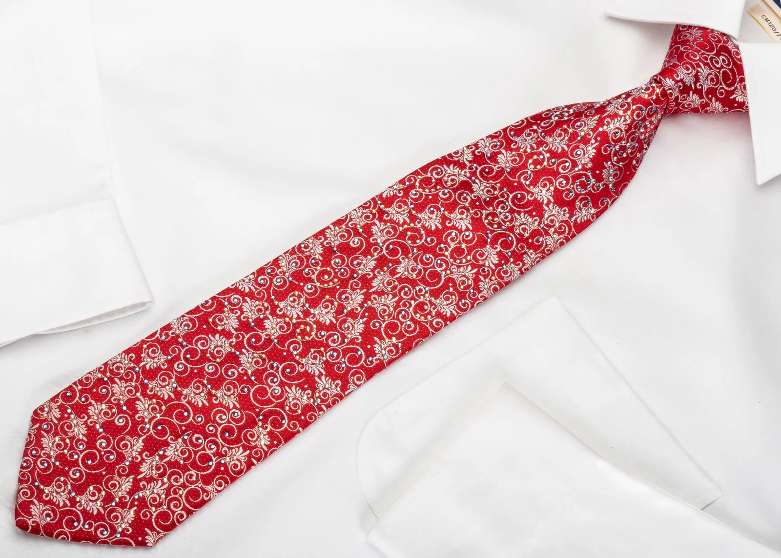 Premierlux Rhinestone Silk Necktie Silver Filigree On Red With Red Sparkles