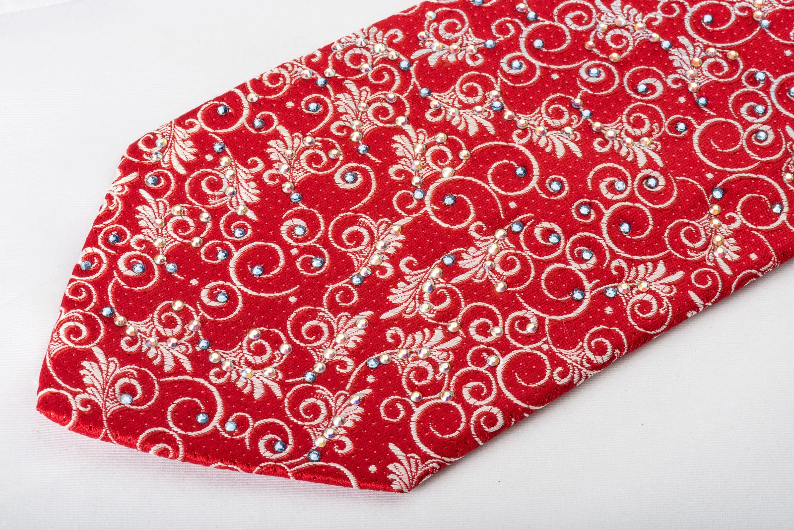Premierlux Rhinestone Silk Necktie Silver Filigree On Red With Red Sparkles