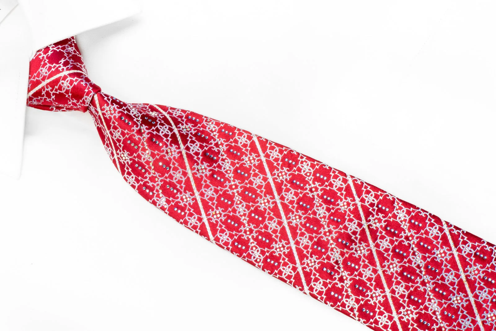 Premierlux Rhinestone Silk Tie Silver Striped Cartouche On Red With Sparkles