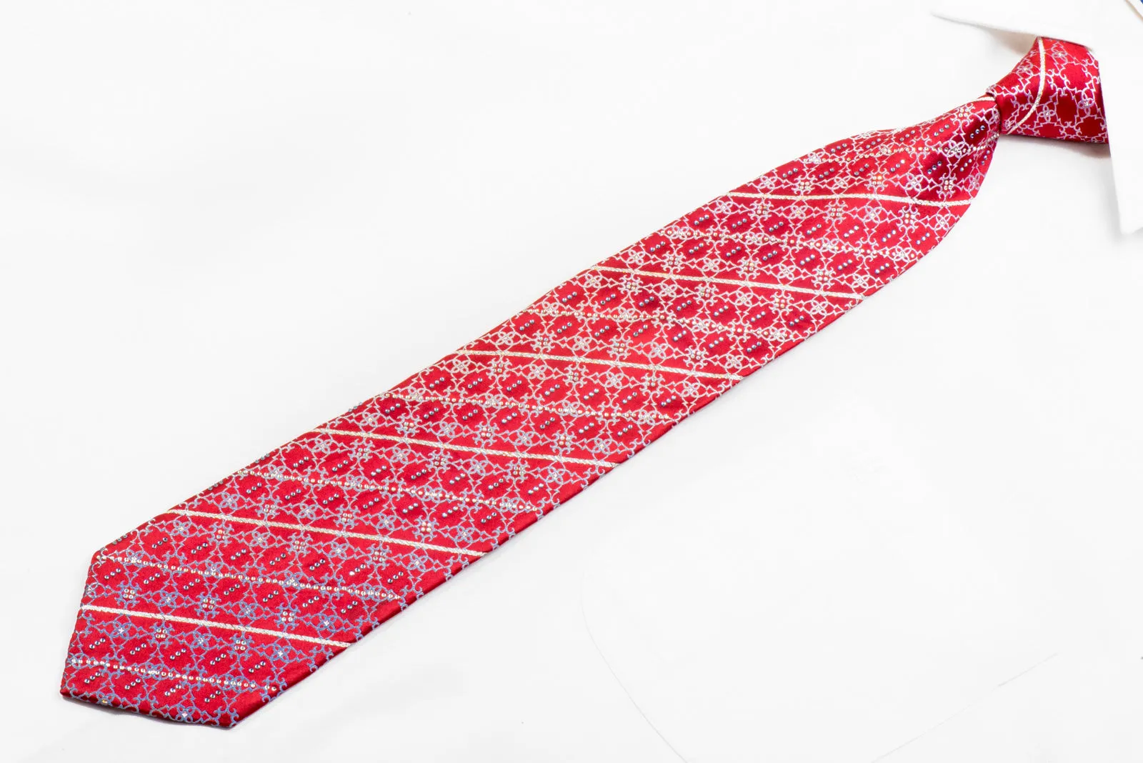 Premierlux Rhinestone Silk Tie Silver Striped Cartouche On Red With Sparkles