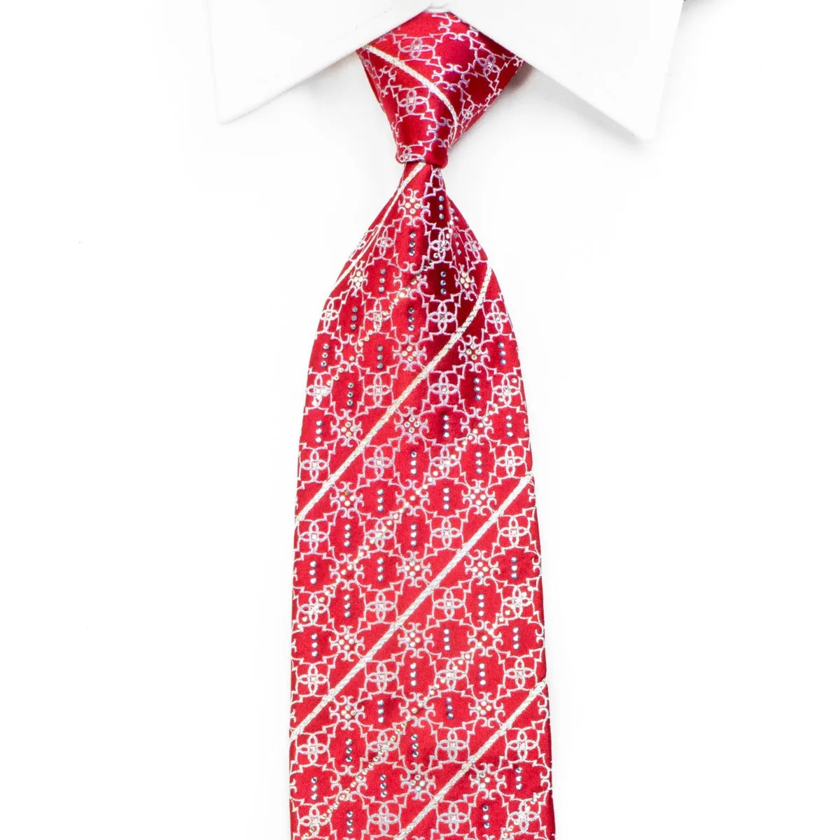 Premierlux Rhinestone Silk Tie Silver Striped Cartouche On Red With Sparkles