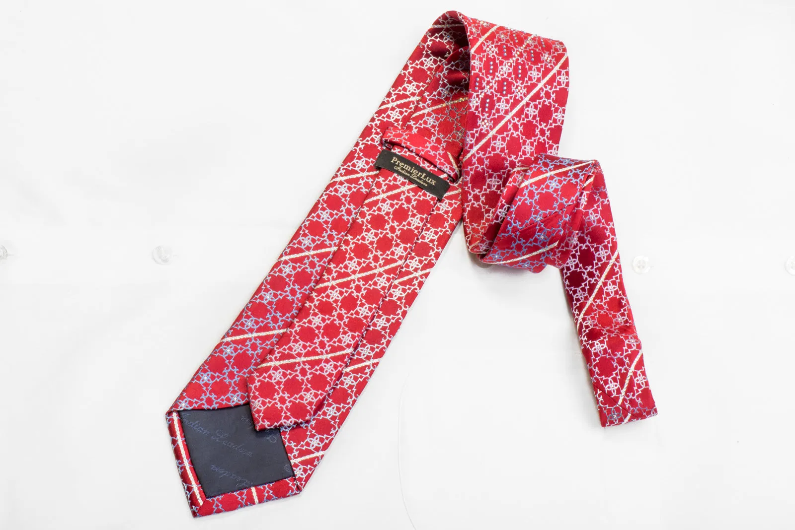 Premierlux Rhinestone Silk Tie Silver Striped Cartouche On Red With Sparkles