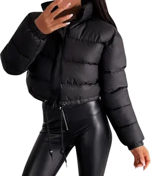 Puffer Jacket for Women Long Sleeve High Neck Full Zip Up Plain Short Down Coat Stand-up Collar Drawstring Autumn Windproof