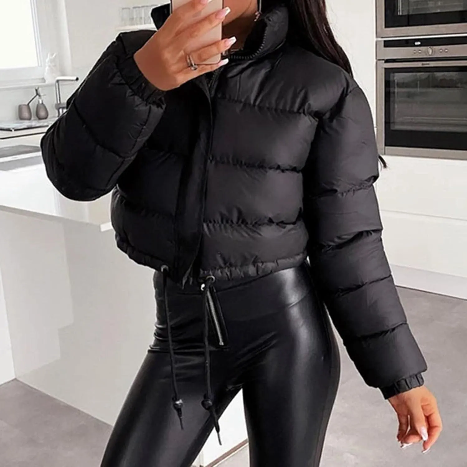 Puffer Jacket for Women Long Sleeve High Neck Full Zip Up Plain Short Down Coat Stand-up Collar Drawstring Autumn Windproof