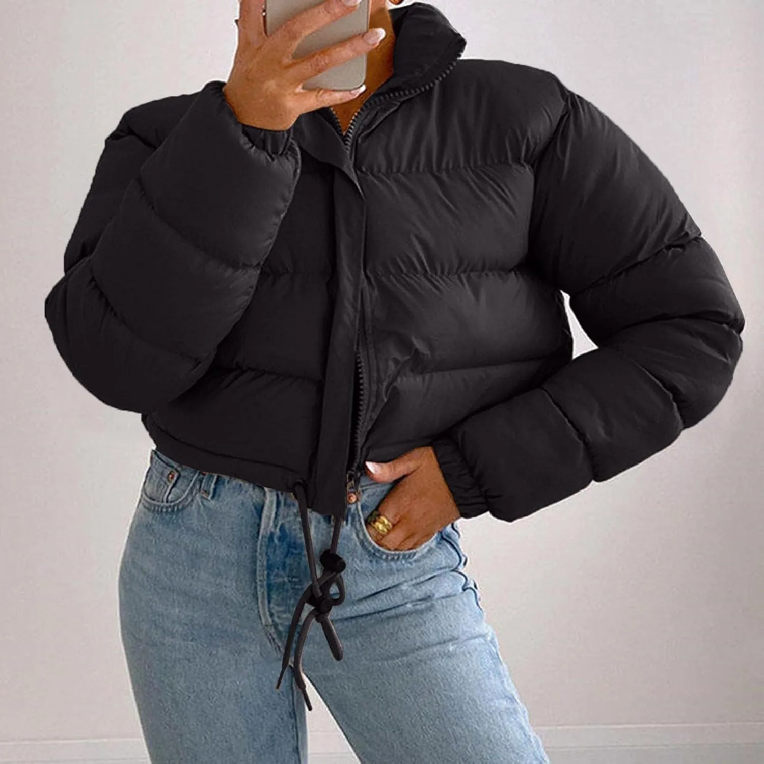 Puffer Jacket for Women Long Sleeve High Neck Full Zip Up Plain Short Down Coat Stand-up Collar Drawstring Autumn Windproof