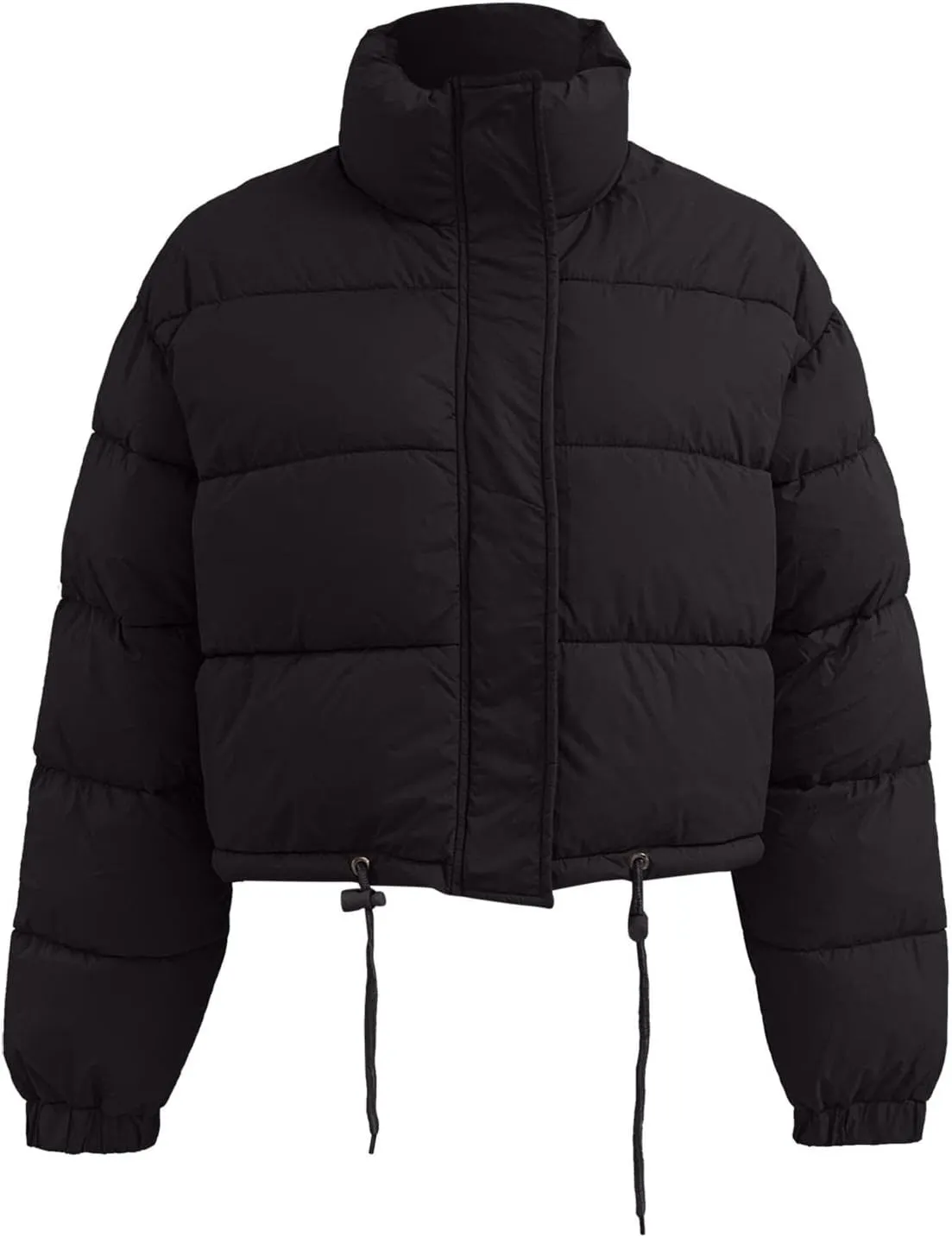 Puffer Jacket for Women Long Sleeve High Neck Full Zip Up Plain Short Down Coat Stand-up Collar Drawstring Autumn Windproof