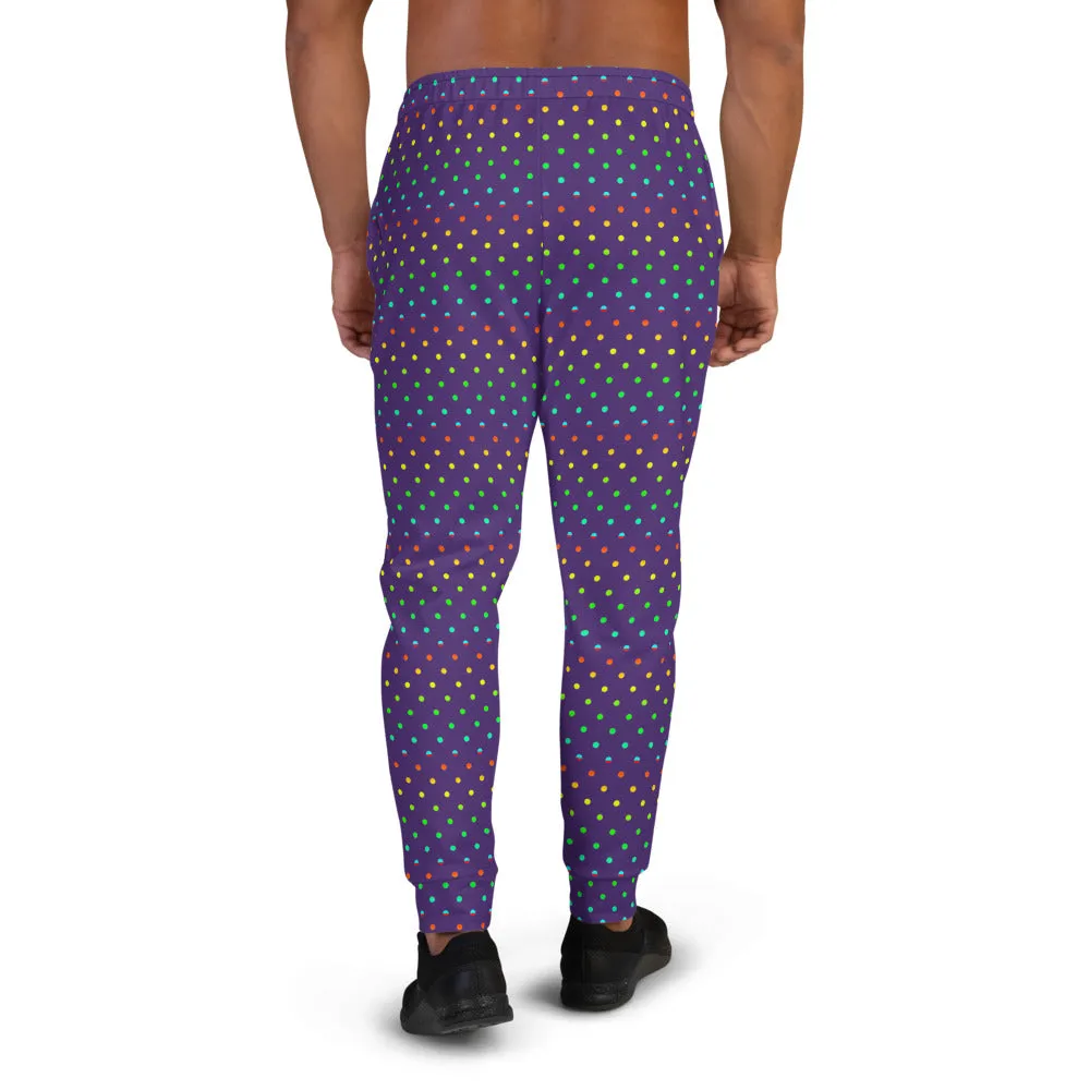 Purple Abstract Men's Joggers, Purple Rainbow Polka Dots Print Designer Men's Joggers-Made in USA/Mexico/ EU (US Size: XS-3XL)