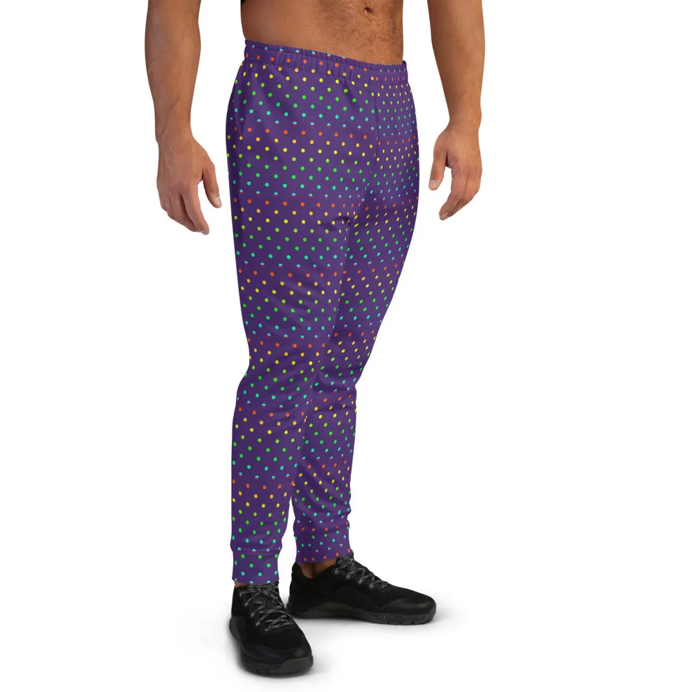 Purple Abstract Men's Joggers, Purple Rainbow Polka Dots Print Designer Men's Joggers-Made in USA/Mexico/ EU (US Size: XS-3XL)
