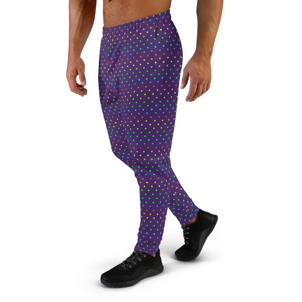 Purple Abstract Men's Joggers, Purple Rainbow Polka Dots Print Designer Men's Joggers-Made in USA/Mexico/ EU (US Size: XS-3XL)