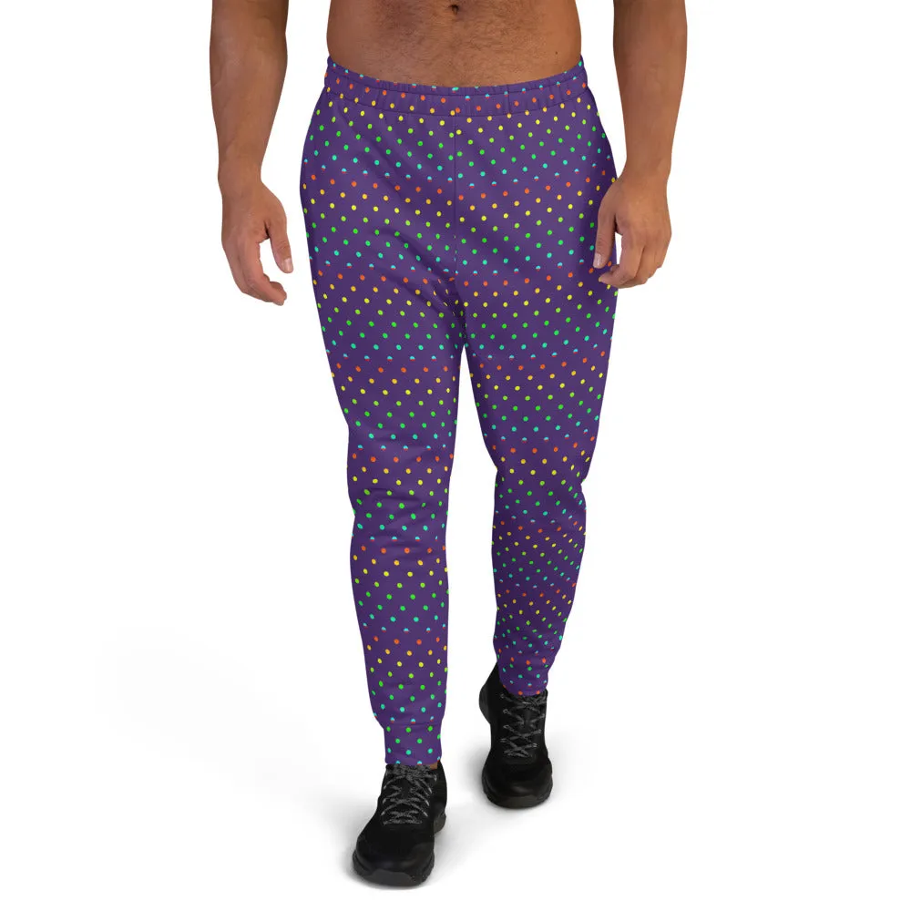 Purple Abstract Men's Joggers, Purple Rainbow Polka Dots Print Designer Men's Joggers-Made in USA/Mexico/ EU (US Size: XS-3XL)