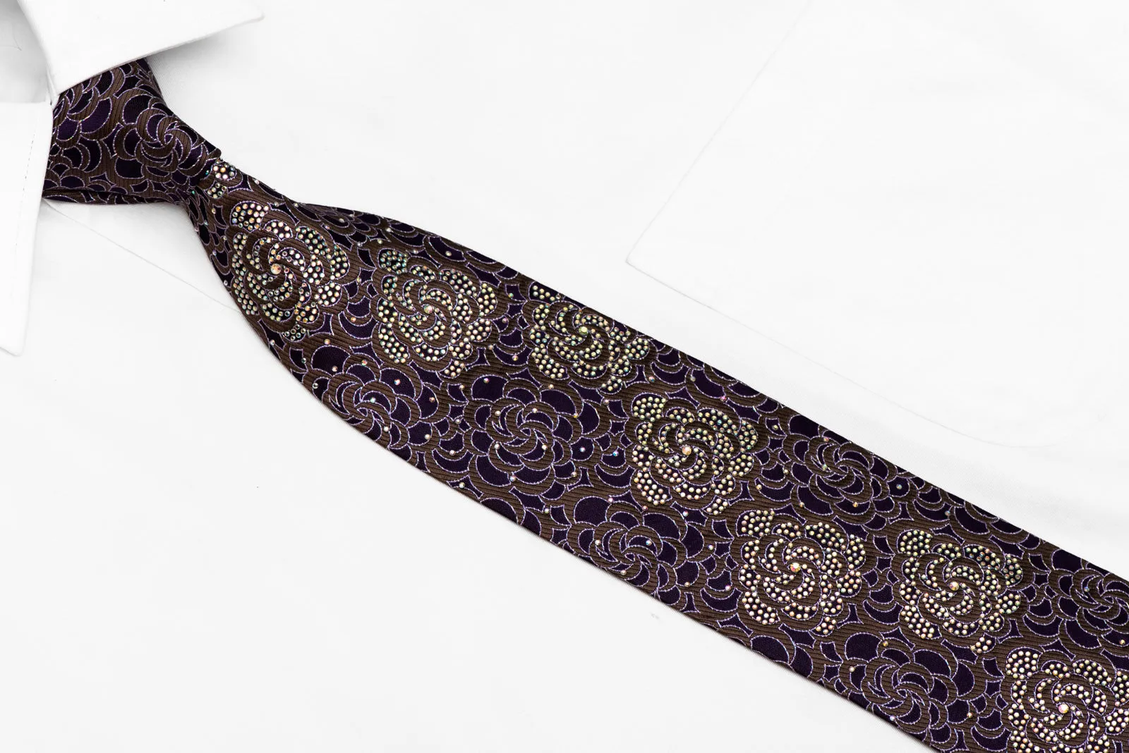 Purple Floral On Brown Rhinestone Silk Necktie With Sparkles