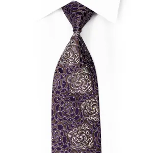 Purple Floral On Brown Rhinestone Silk Necktie With Sparkles