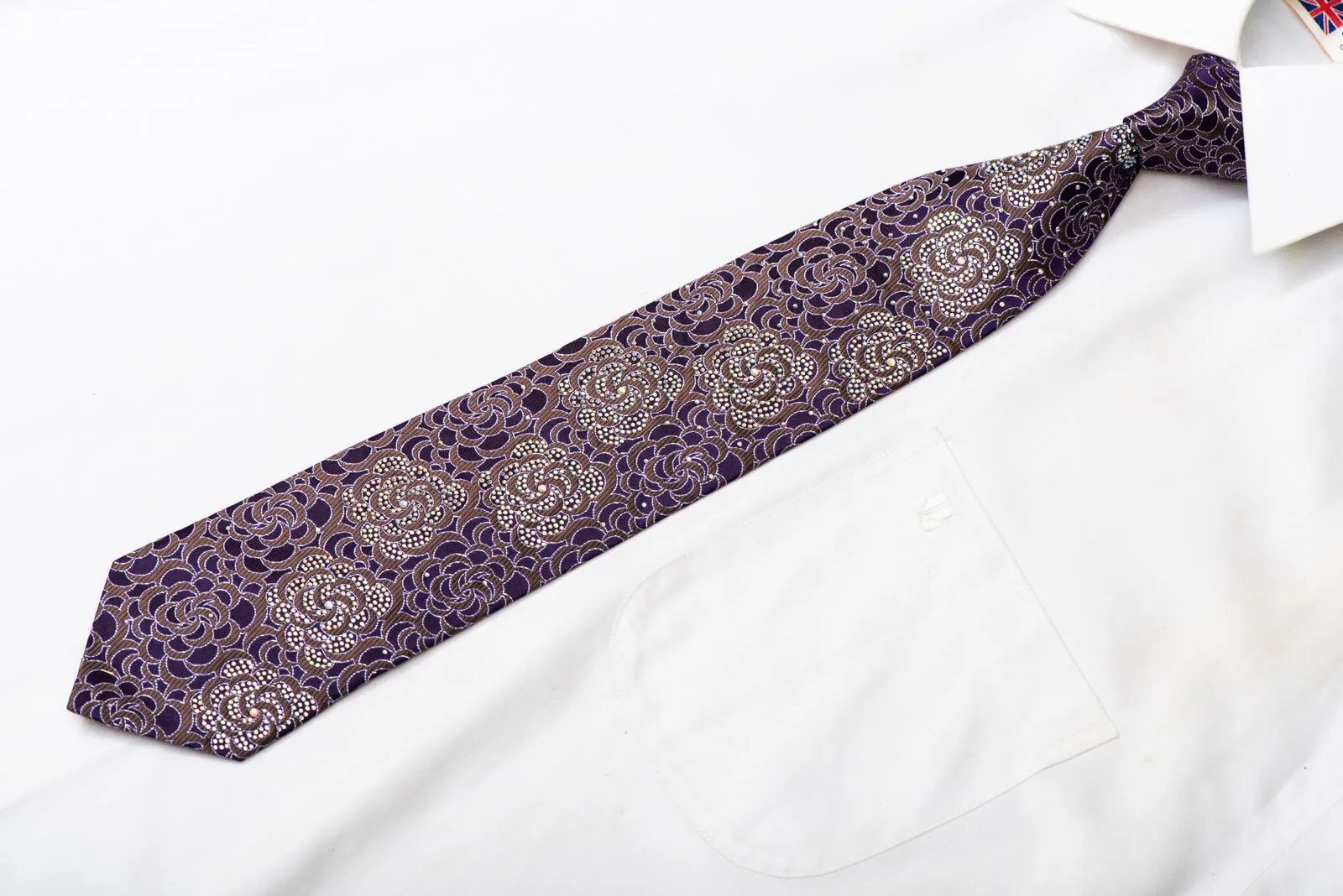 Purple Floral On Brown Rhinestone Silk Necktie With Sparkles