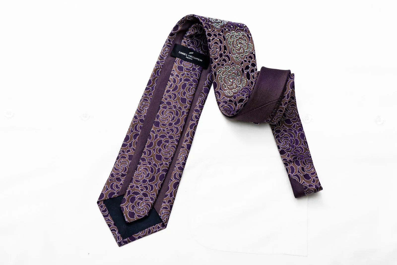 Purple Floral On Brown Rhinestone Silk Necktie With Sparkles