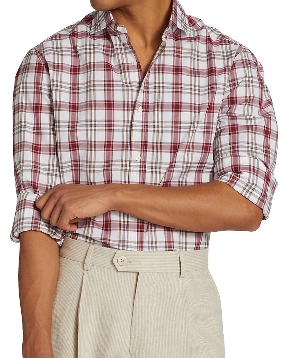 Red and Beige Plaid Sport Shirt