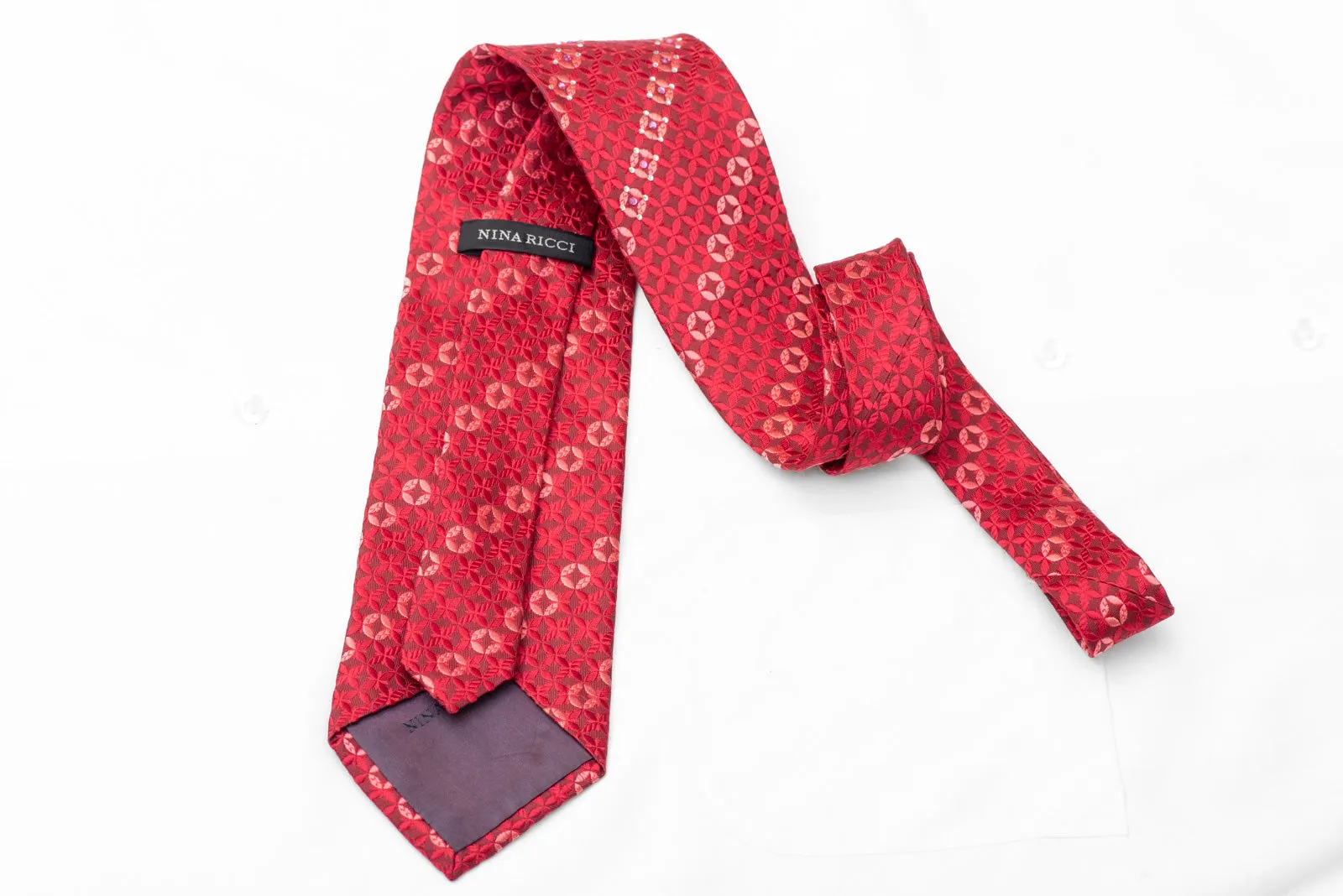 Red Geometric On Burgundy Rhinestone Silk Necktie