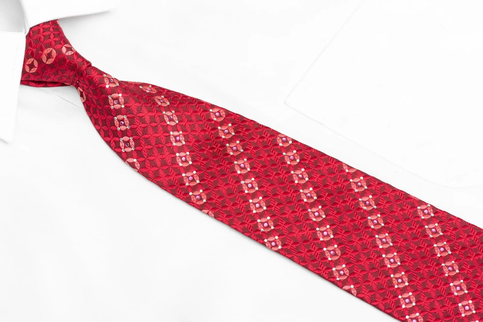 Red Geometric On Burgundy Rhinestone Silk Necktie