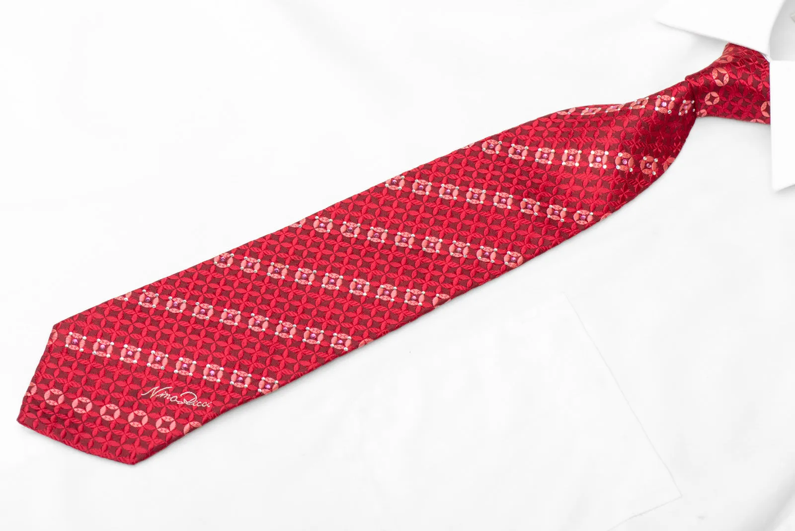 Red Geometric On Burgundy Rhinestone Silk Necktie