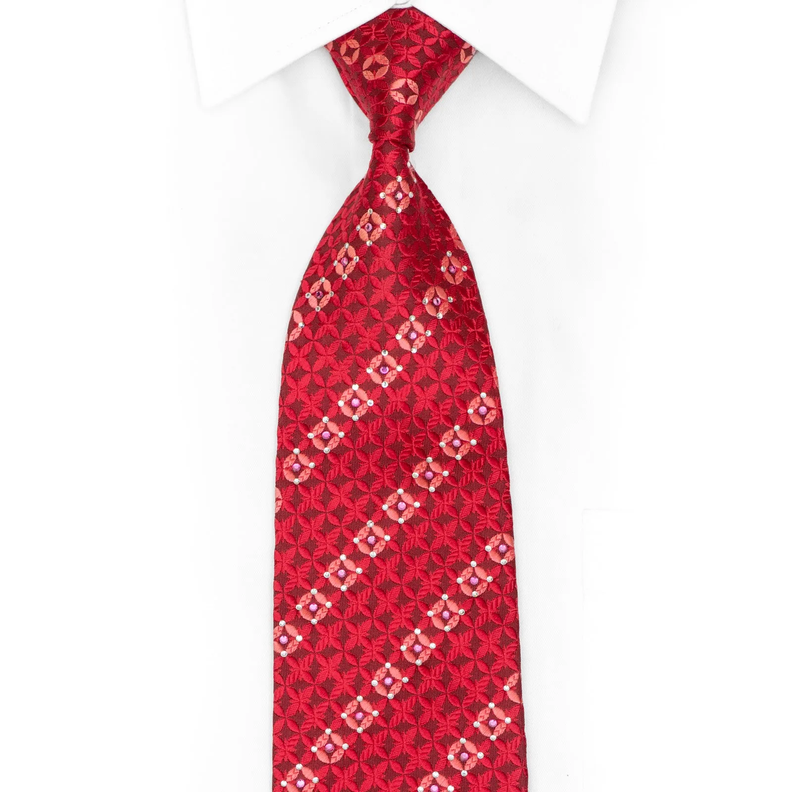 Red Geometric On Burgundy Rhinestone Silk Necktie