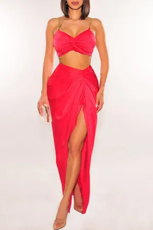 Red Gold Chain Padded Knotted Slit Skirt Two Piece Set