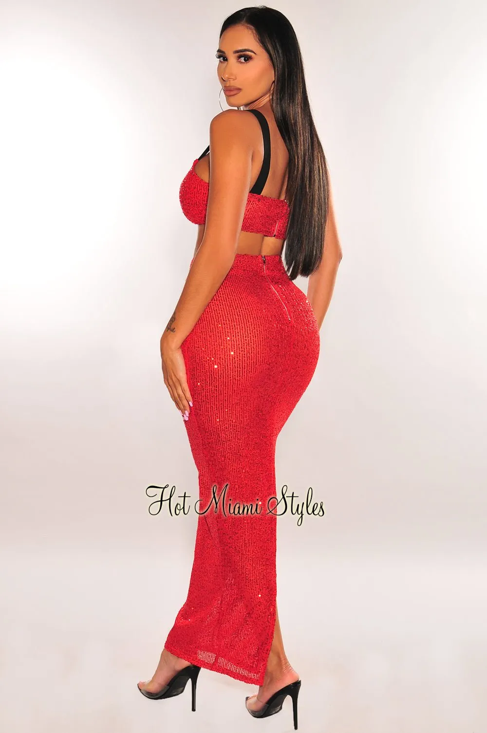 Red Sequins Elastic Strap Maxi Semi Sheer Skirt Two Piece Set