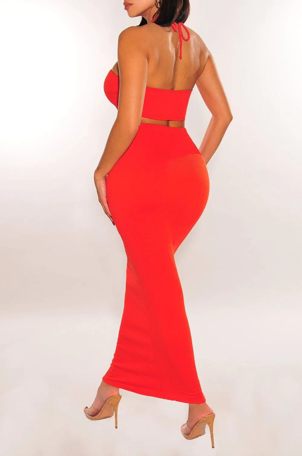 Red Smocked Halter Ruched High Waist Skirt Two Piece Set