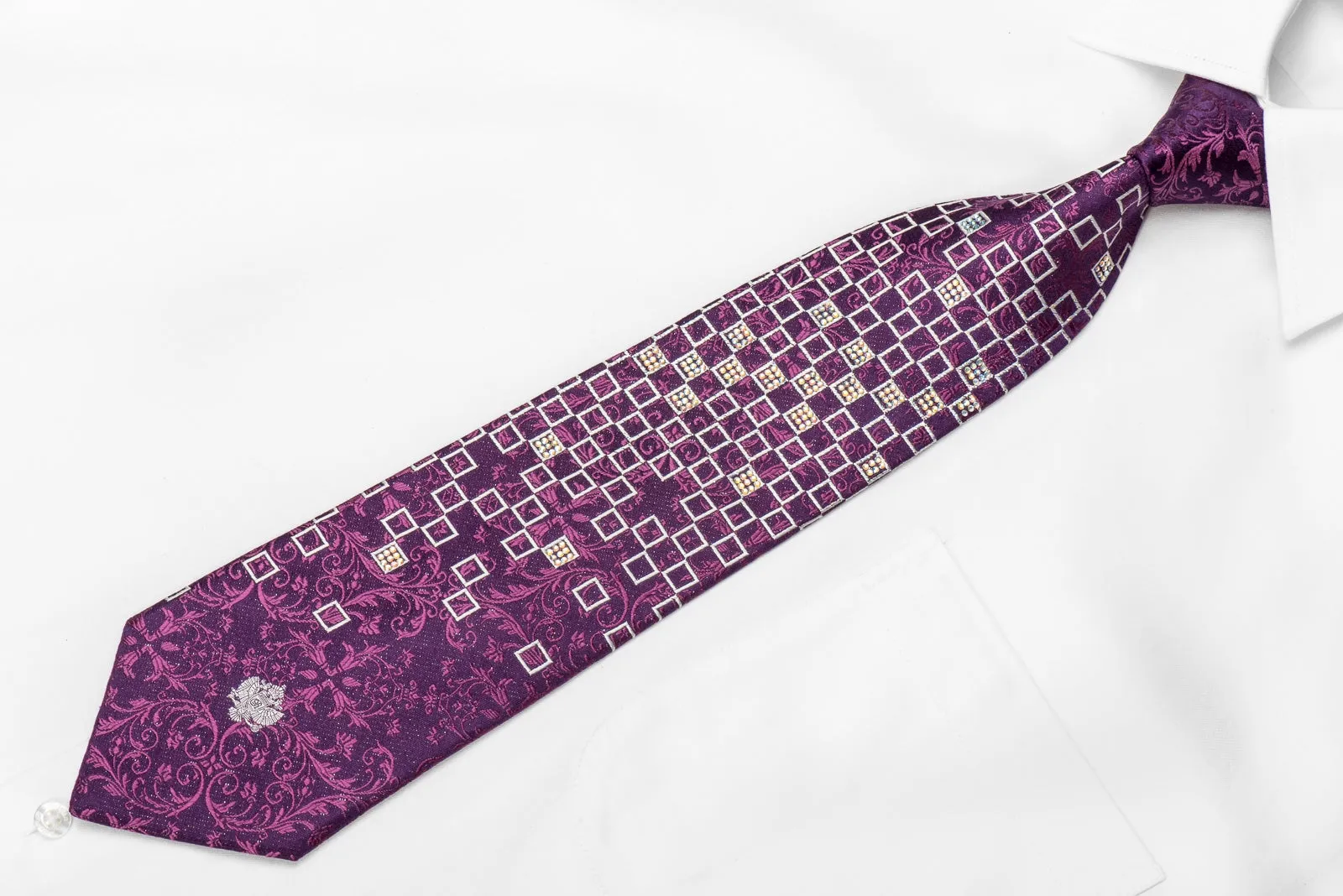 Renoma Men's Crystal Silk Tie Geometric Squares & Acanthus On Purple With Silver Sparkles