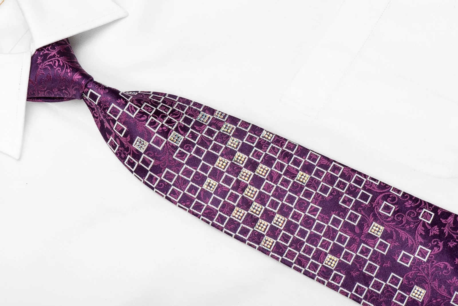 Renoma Men's Crystal Silk Tie Geometric Squares & Acanthus On Purple With Silver Sparkles