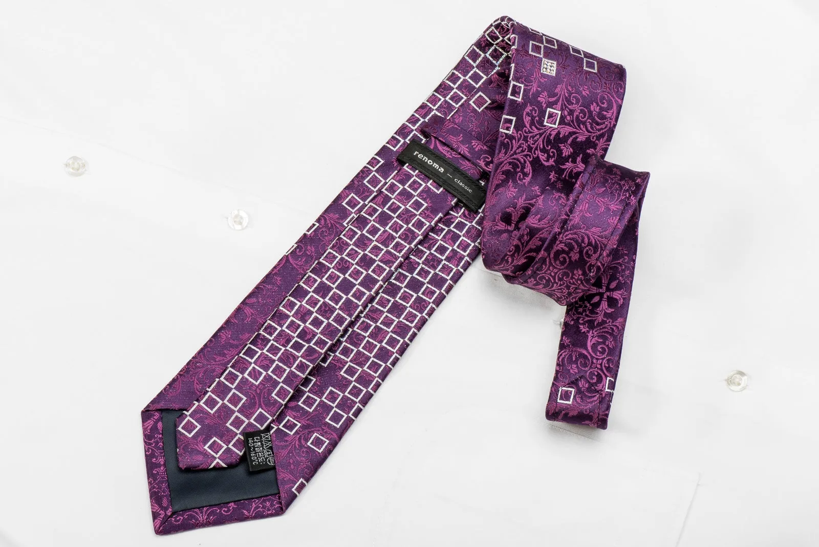 Renoma Men's Crystal Silk Tie Geometric Squares & Acanthus On Purple With Silver Sparkles
