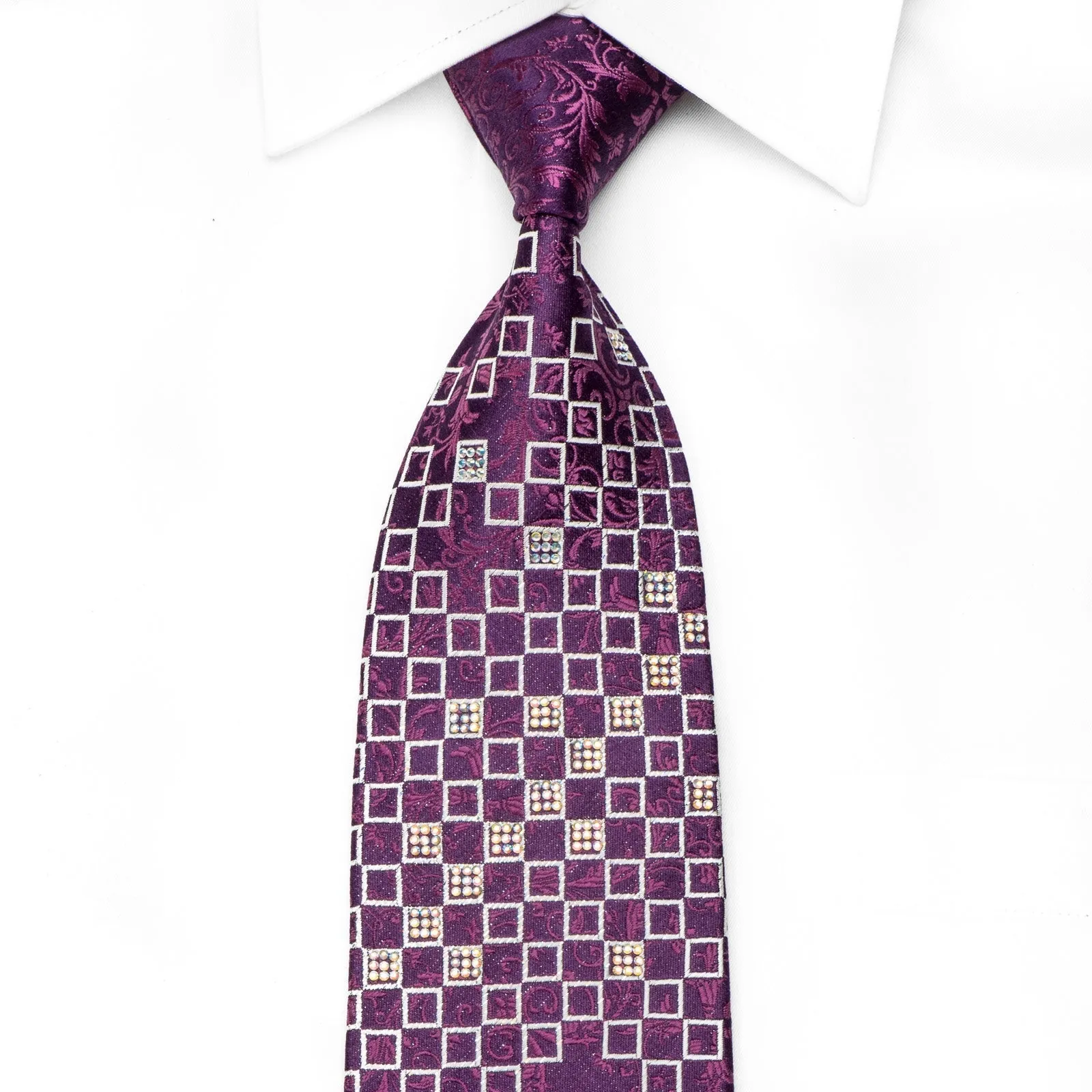 Renoma Men's Crystal Silk Tie Geometric Squares & Acanthus On Purple With Silver Sparkles