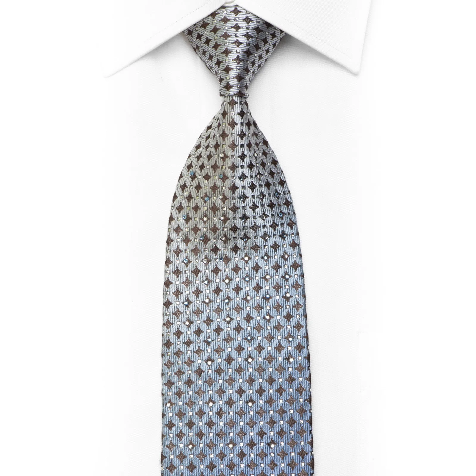 Rhinestone Necktie Silver Blue Geometric On Brown Silk With Sparkles
