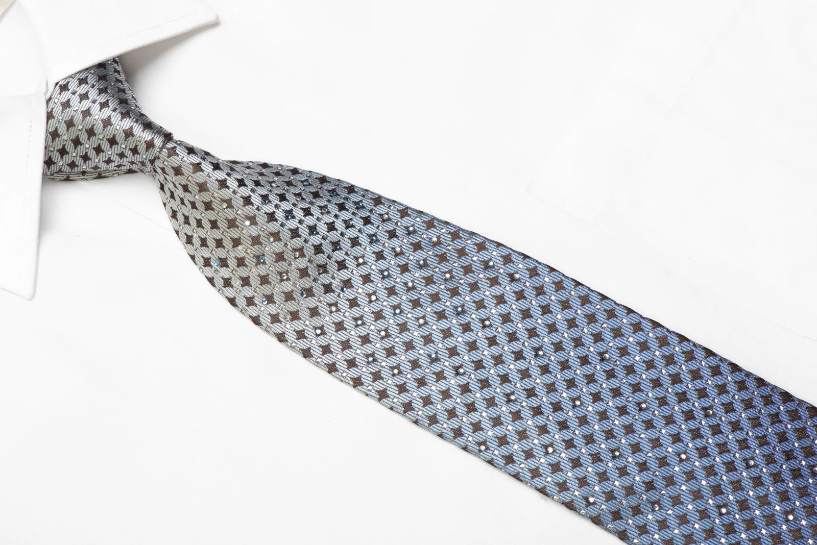 Rhinestone Necktie Silver Blue Geometric On Brown Silk With Sparkles