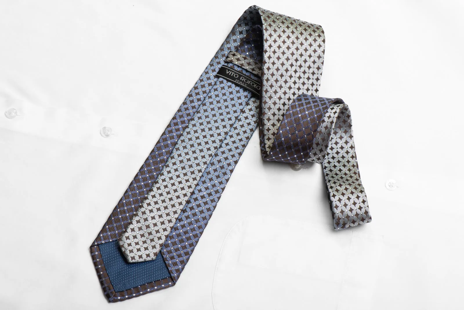 Rhinestone Necktie Silver Blue Geometric On Brown Silk With Sparkles