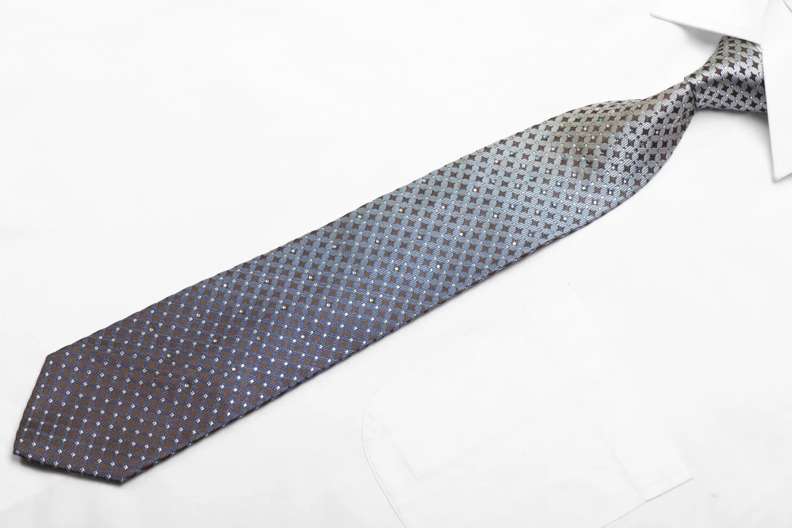 Rhinestone Necktie Silver Blue Geometric On Brown Silk With Sparkles